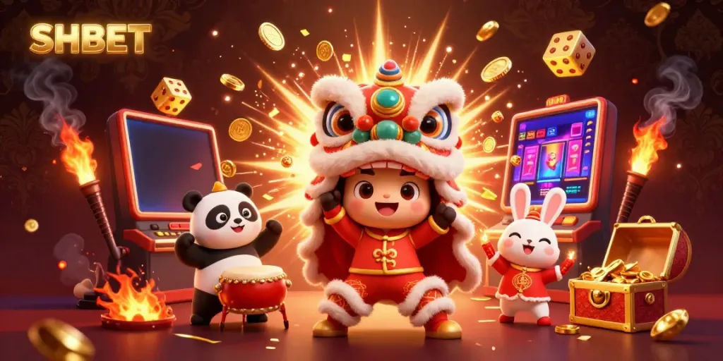 Experience SHBET's vibrant casino magic with a lively lion dance and festive gaming symbols.