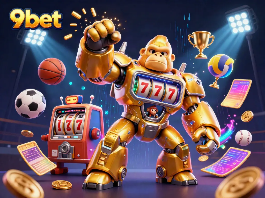 9bet showcases a vibrant scene with a golden gorilla mech and sports elements bursting in energy.