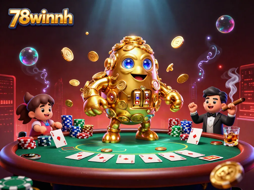 Experience the thrill of 78winnh with a dynamic casino scene featuring a golden golem surrounded by poker elements and rich colors.