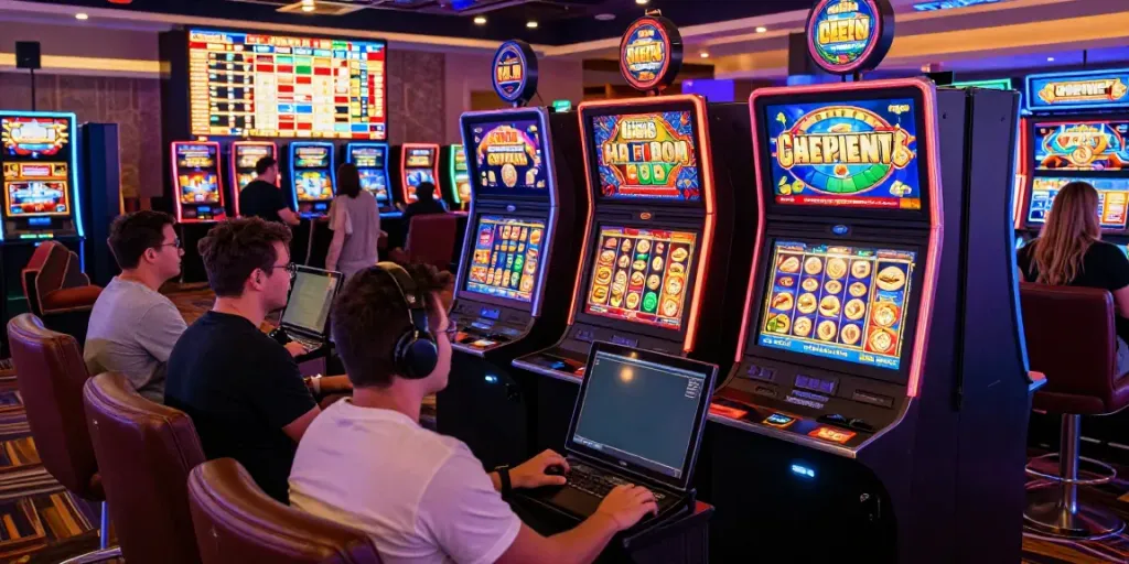 Players enjoying slot gacor hari ini at a lively casino, showcasing excitement and engagement in a vibrant atmosphere.