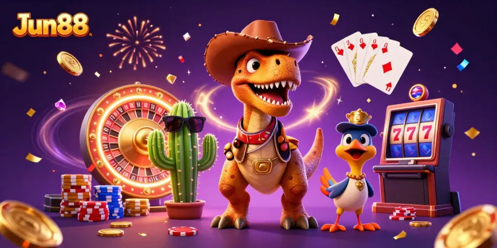 Experience lucky wins with Jun88 in this vibrant 3D casino scene filled with excitement and fun.