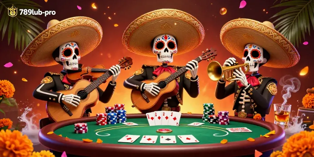 Enjoy a vibrant 789lub-pro themed scene with lively skeleton mariachi band and poker elements.