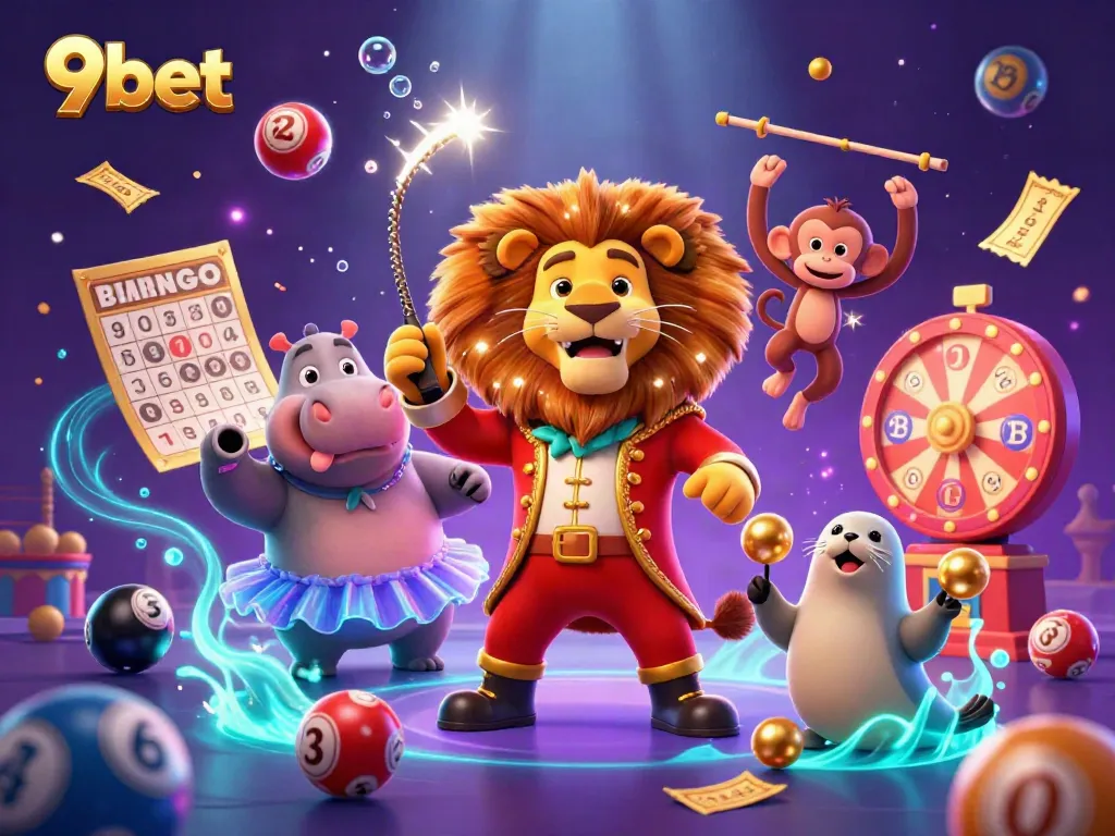 Experience excitement with 9bet through a lively casino scene featuring colorful characters and dynamic gaming elements.