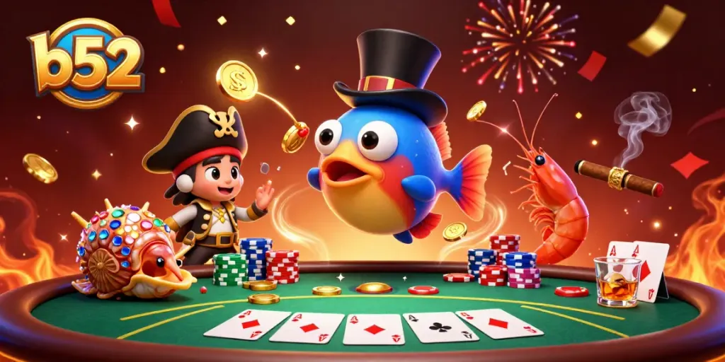 Engage with b52 gaming excitement featuring vibrant casino characters and dynamic poker action.
