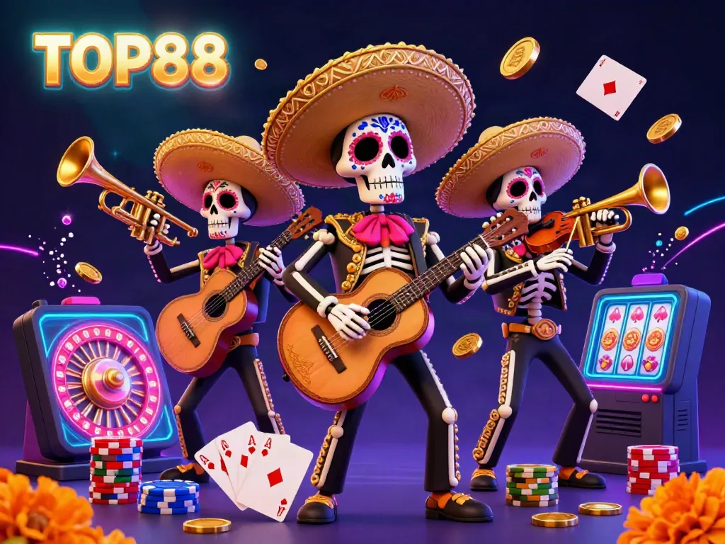 Experience the thrill of TOP88 with colorful mariachi skeletons in a vibrant casino scene.