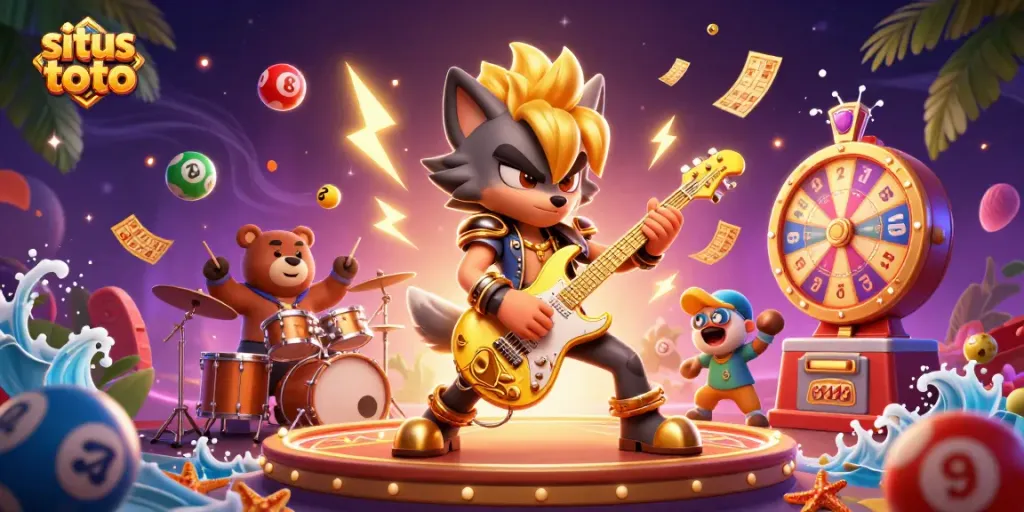 Engage with situs toto's vibrant gaming scene featuring dynamic lottery elements and energetic cartoon characters.