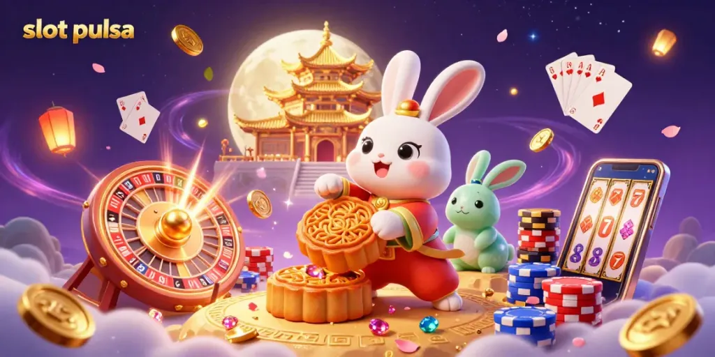 Experience the thrill of slot pulsa with 3D characters and casino elements amidst captivating lunar scenery.