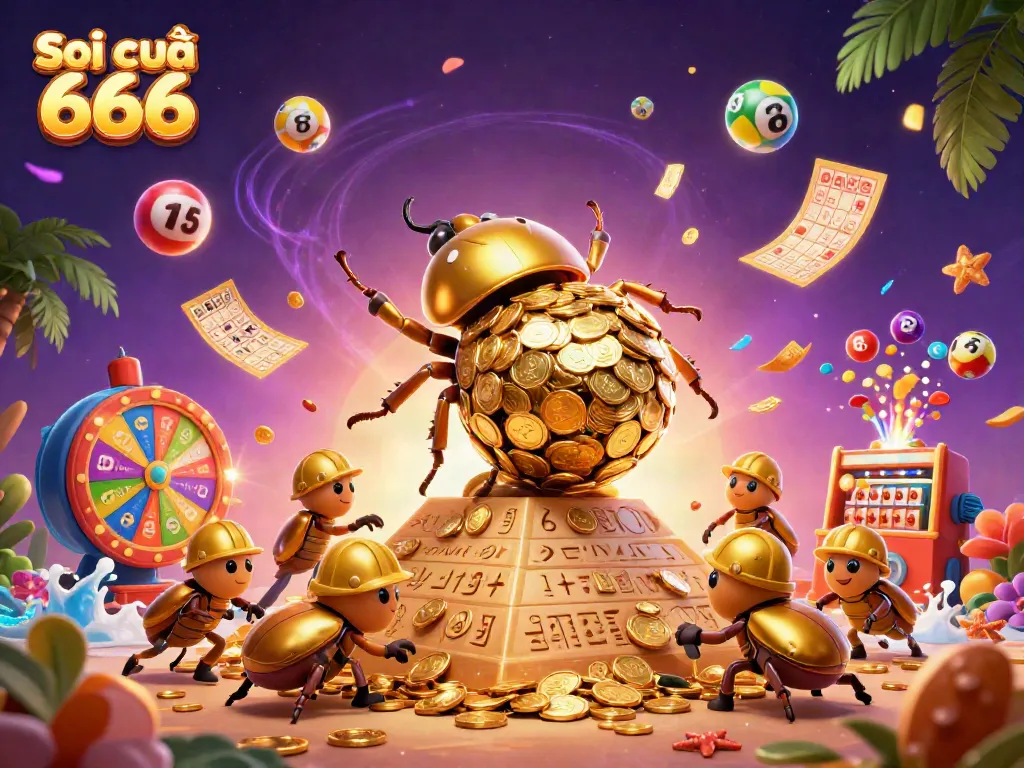 Engage with Soi cầu 666 as a golden beetle rolls coins amidst vibrant lottery elements.