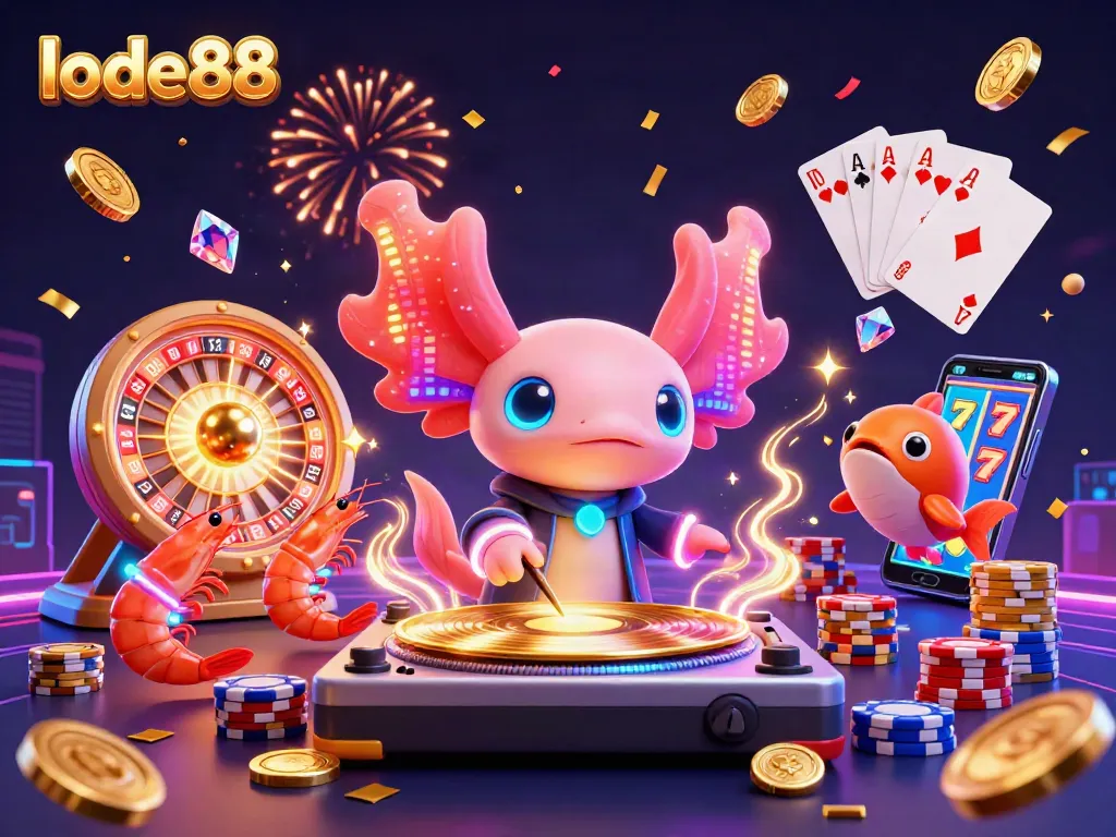 Lode88 showcases a vibrant 3D casino scene with a DJ axolotl and dancing shrimp, surrounded by exciting game elements.